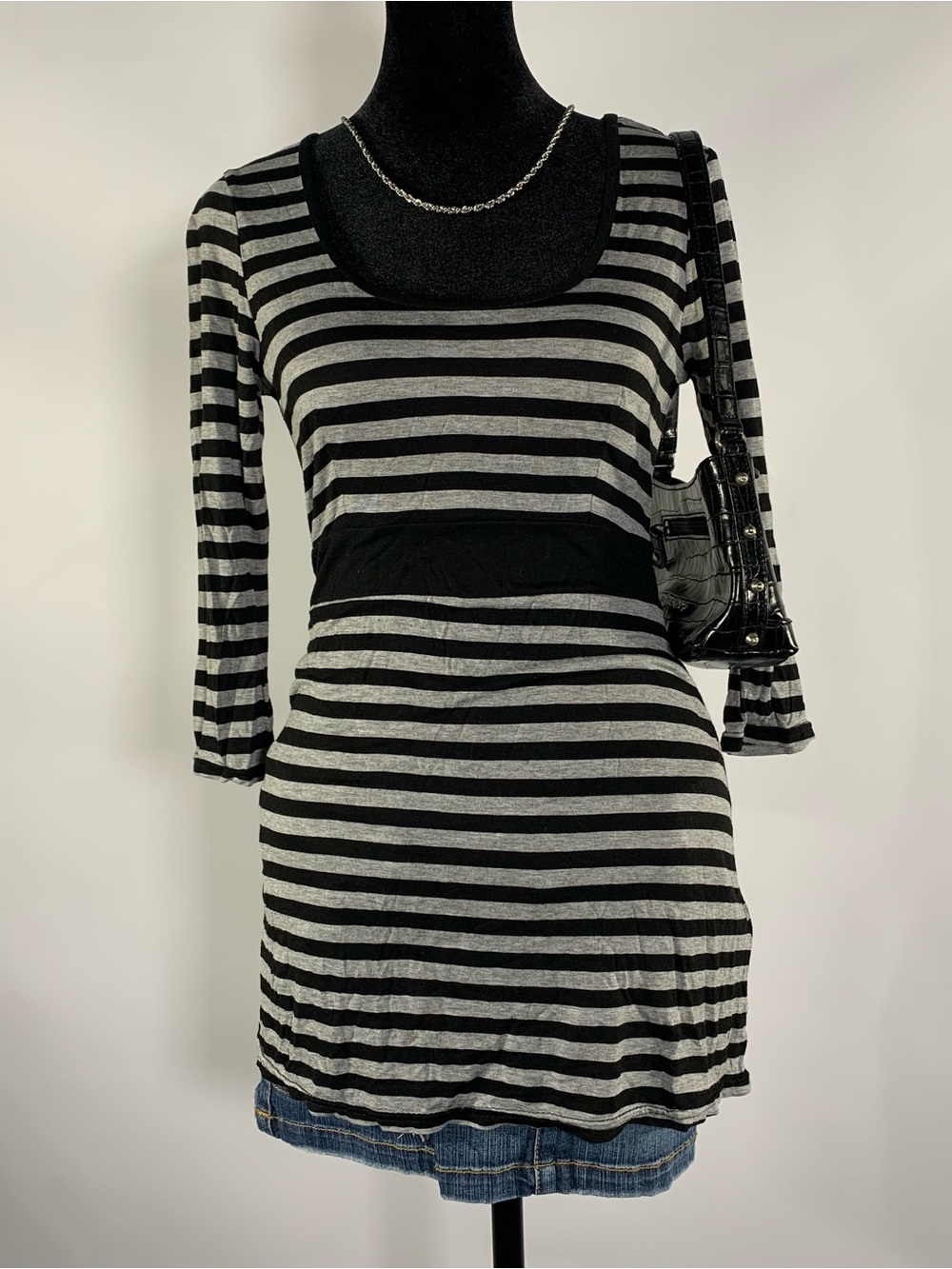 2010s H&M Black & Gray Striped Sleeved Tunic Top XS